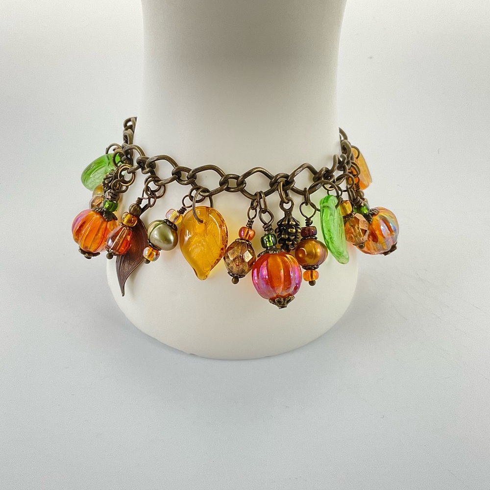 Fall Pumpkin Charm Bracelet with Pearls, Handmade, Halloween, Thanksgiving - Picture 3 of 5